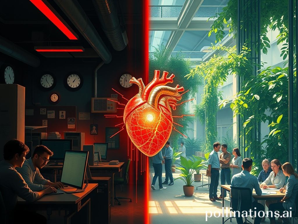 Conceptual image: Toxic tech work vs. ethical AI and healthy workplaces. Contrast of despair & hope.